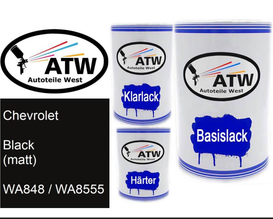 Chevrolet, Black (matt), WA848 / WA8555: 500ml Lackdose + 500ml Klarlack + 250ml Härter - Set, von ATW Autoteile West.
